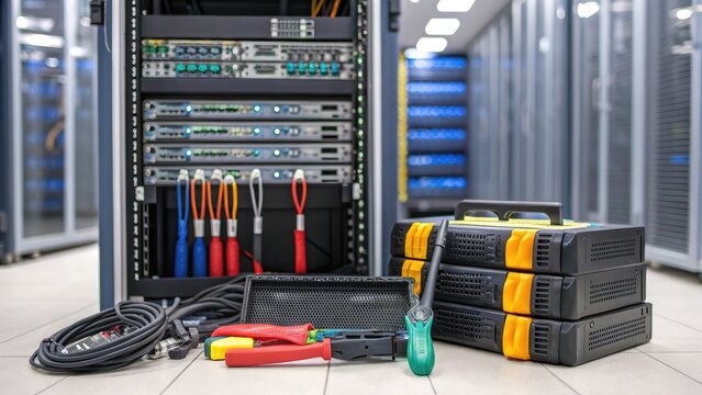 cloud computing solutions infrastructure hybrid. A collection of tools and cables in front of a server rack, showcasing a tech environment focused on data management and equipment maintenance.