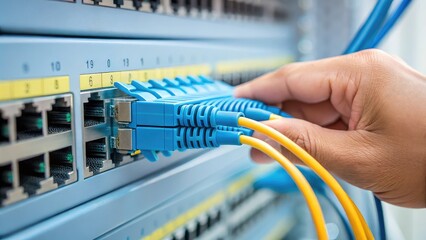 cloud computing solutions infrastructure hybrid. A hand connecting fiber optic cables to a network switch, highlighting the importance of data connectivity in technology.