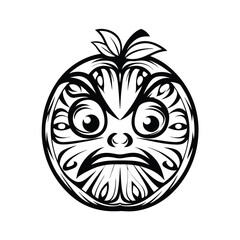 Detailed Tribal Angry Face in Black and White, Isolated Artwork, Polynesian Mask Style