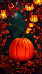 Glowing pumpkin encircled by lanterns, autumn leaves & vines, orange, image, red