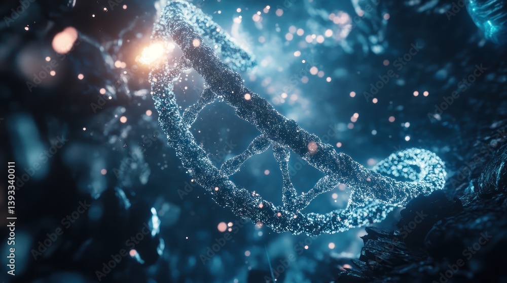 Poster a close-up of a dna helix made of light particles, floating in a high-tech futuristic setting