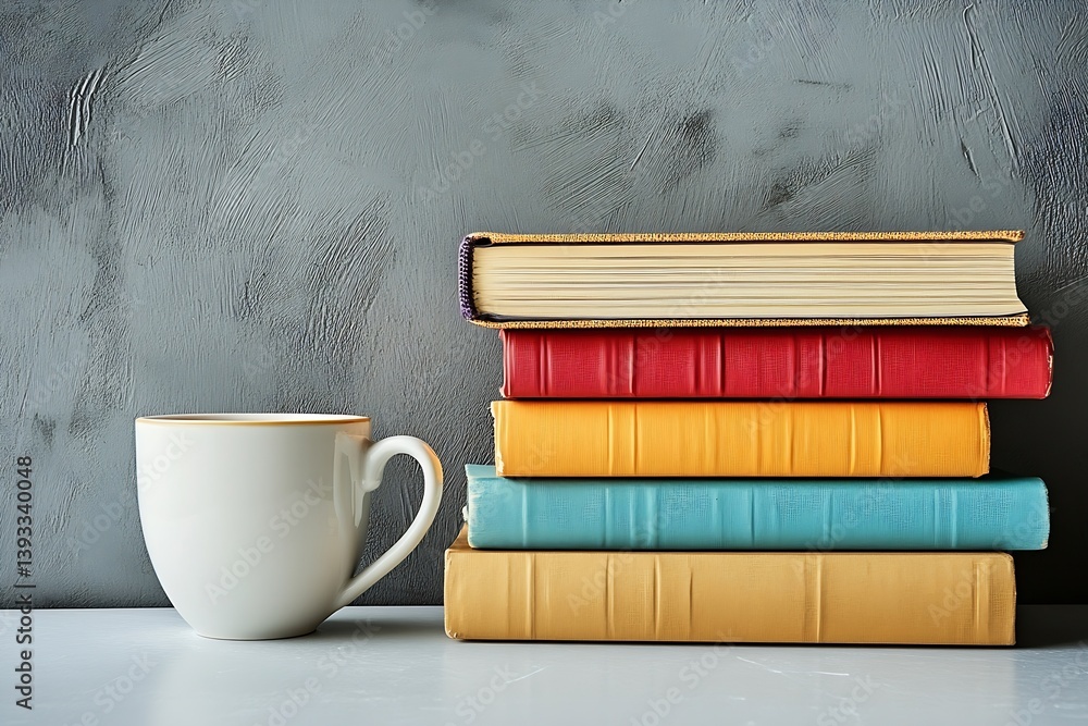 Poster stack of colorful books with coffee cup against gray wall backdrop study and relaxation still life p
