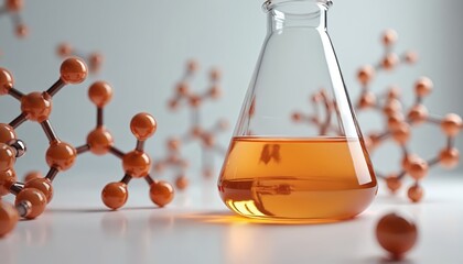 Chemistry experiment with amber liquid in beaker. Molecular structures arranged. Research, analysis, biology, biochemistry, medicinal chemistry, pharmaceuticals, healthcare tech.