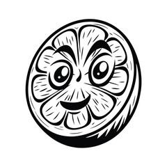 Black and White Outline of Smiling Orange Slice Cartoon Character with Eyes and Mouth