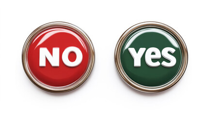 Red and green round buttons with white text "NO" and "YES" symbolizing decision, choice, approval, rejection, and contrasting options on a white background.