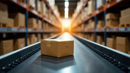 A solitary cardboard box rests on a conveyor belt in a busy warehouse. Rows of stacked packages surround the vibrant light at the end of the corridor indicating a seamless workflow.