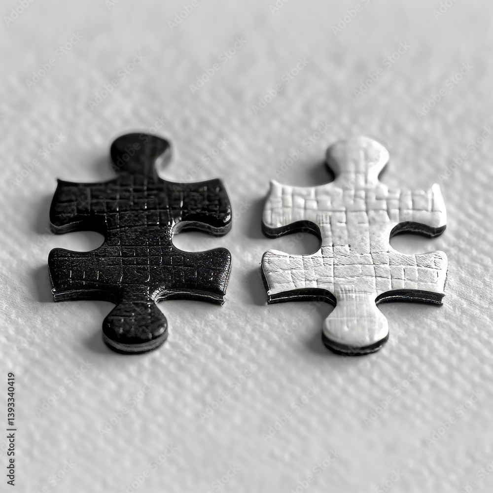 Poster two distinct puzzle pieces one black and the other white rest side by side against a solid backgroun