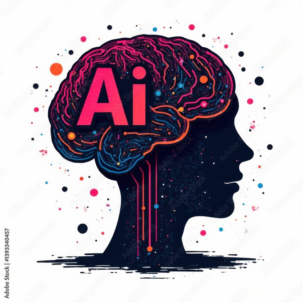 Poster a striking depiction of a brain silhouette in vivid colors featuring the letters ai at its center. c