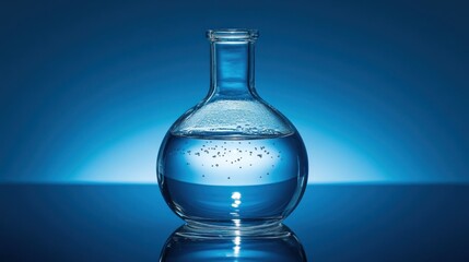 A close-up of a round-bottom flask with clear water, standing on a reflective lab table under blue lighting