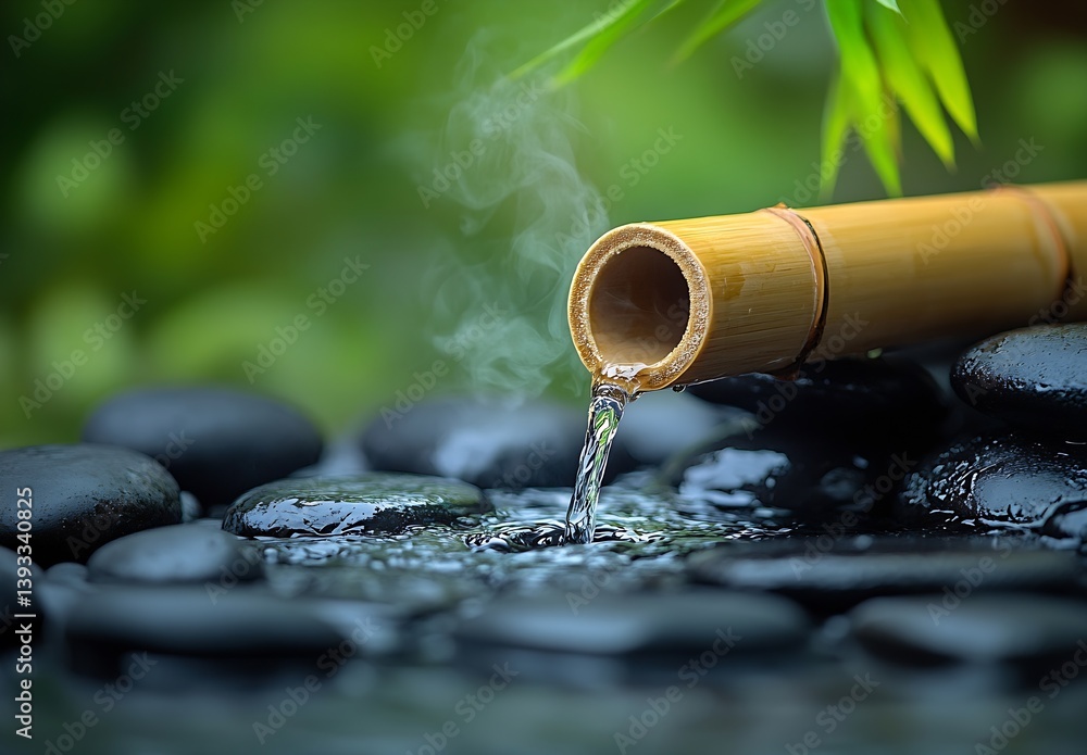 Poster zen garden water feature bamboo fountain with black stones and refreshing water flow for serenity an