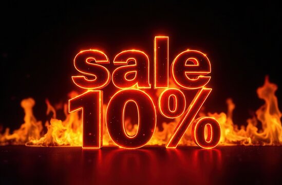 Bright flames flicker behind bold text offering a great deal of 10 percent off. The fiery backdrop creates an exciting atmosphere attracting attention to this limited-time sale.