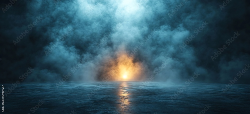 Leinwandbilder mysterious foggy scene with golden light emanating from horizon on wet surface for fantasy or scifi 