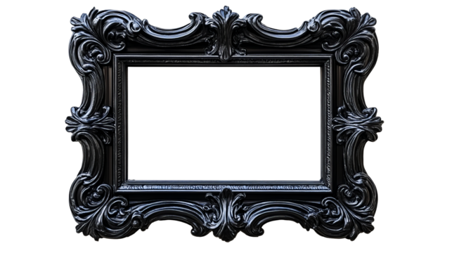 Glossy Black Ornate Frame with Intricate Details, cut out transparent
