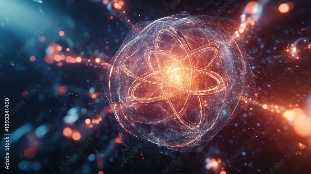 Poster a complex 3d molecular structure with interconnected atoms and glowing energy waves in the backgroun
