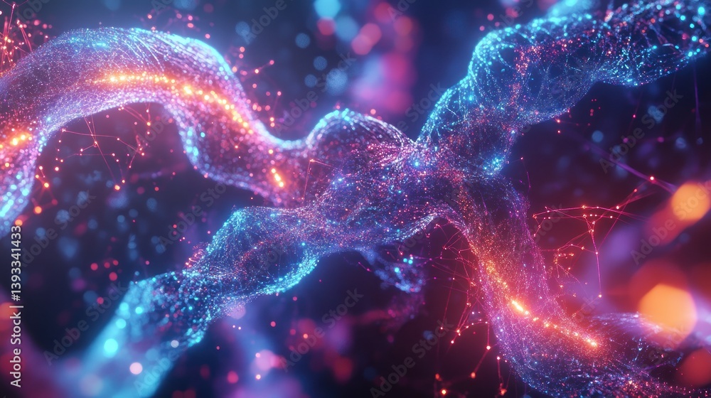 Poster a complex 3d molecular structure with interconnected atoms and glowing energy waves in the backgroun