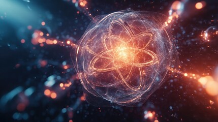 A complex 3D molecular structure with interconnected atoms and glowing energy waves in the background
