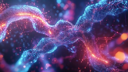 A complex 3D molecular structure with interconnected atoms and glowing energy waves in the background