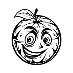 Whimsical Apple Character Design Black and White Cartoon with Leafy Detail