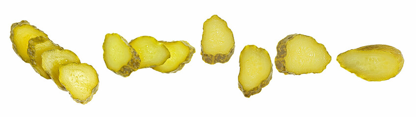 Pickled cucumber slices isolated on a white background, top view. Set of gherkins slices.
