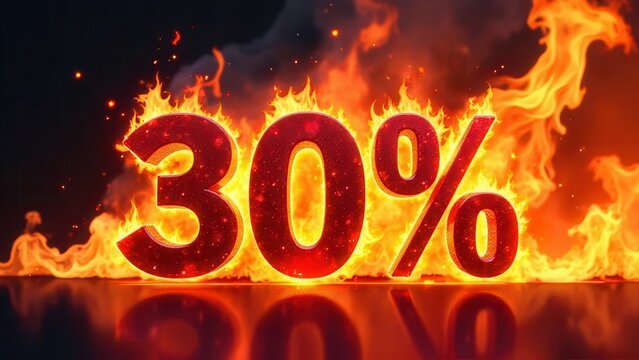 Bright flames surround bold numbers displaying a stunning 30 percent discount against a dark background creating an eye-catching and fiery promotional visual in the evening hours.