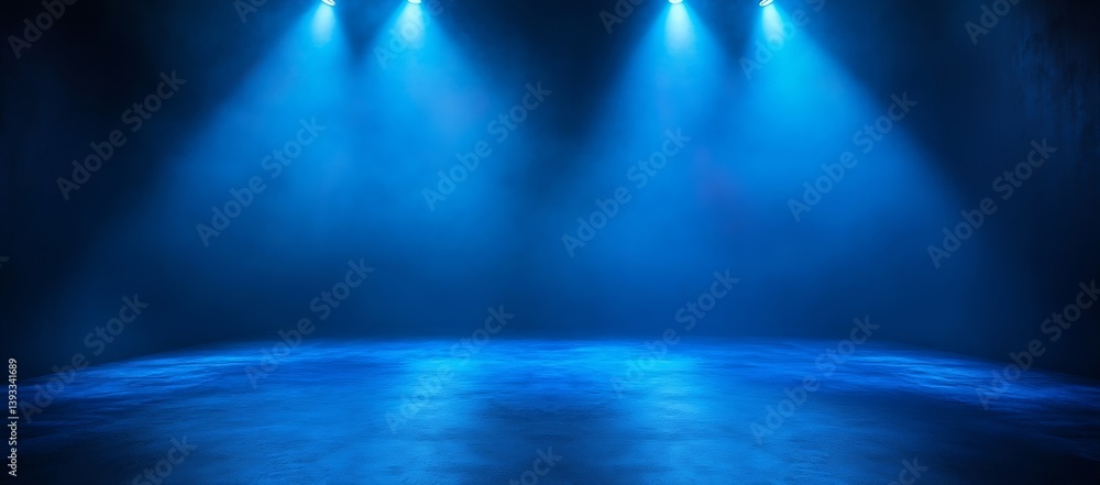 Aufkleber Blue Stage Lighting. Dramatic Empty Stage with Deep Blue Lights Illuminating the Floor for Theater Concert or Performance Setting : Generative AI