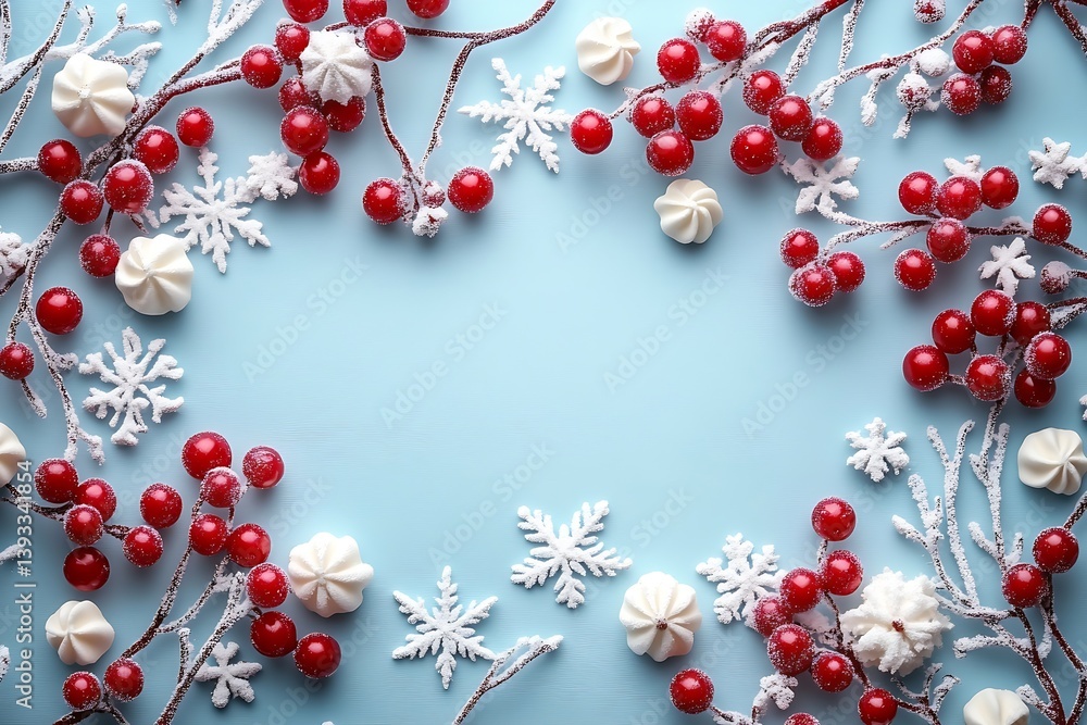 Poster festive holiday background with red berries snowflakes and meringues on light blue creating a cheerf