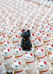 Obraz premium Leadership, vision, independent thinking. Differentiating oneself from the rest. Chinese lucky cat surrounded by a bunch of cats