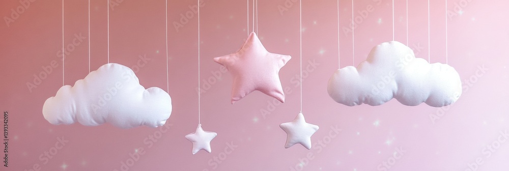 Poster Delicate stars and clouds suspended from invisible strings create soft nursery decor for a dreamy ambiance that calms and soothes in any childs room