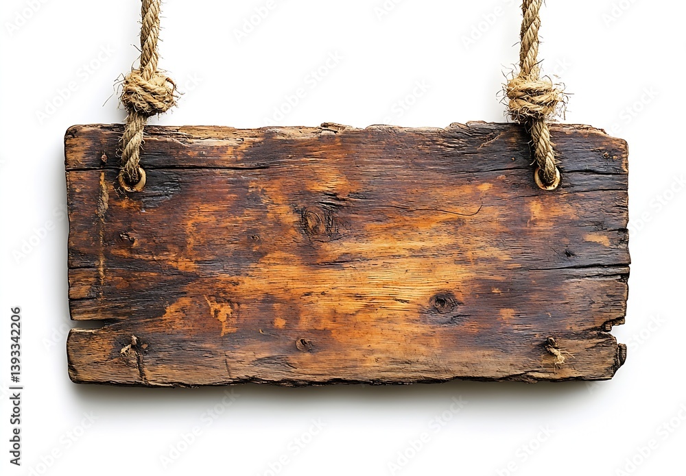 Poster rustic wooden sign hanging by rope blank wood texture background for custom message or advertisement