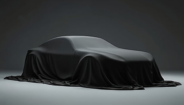 Black car covered sheet. Vehicle unveil, new model presentation, auto industry concept. Luxury automobile under cover creates anticipation, mystery. Automotive design, car reveal event.