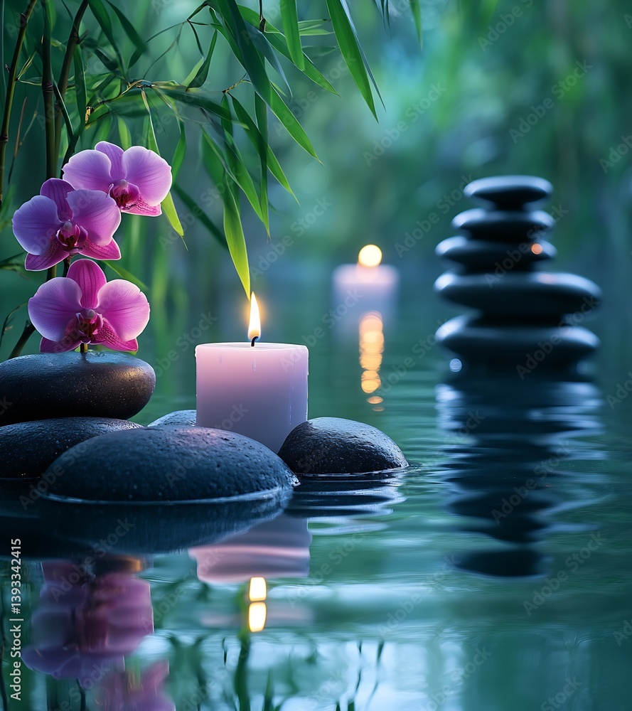 Poster Inviting scene of glowing candles smooth stones and orchids setting a serene ambiance : Generative AI