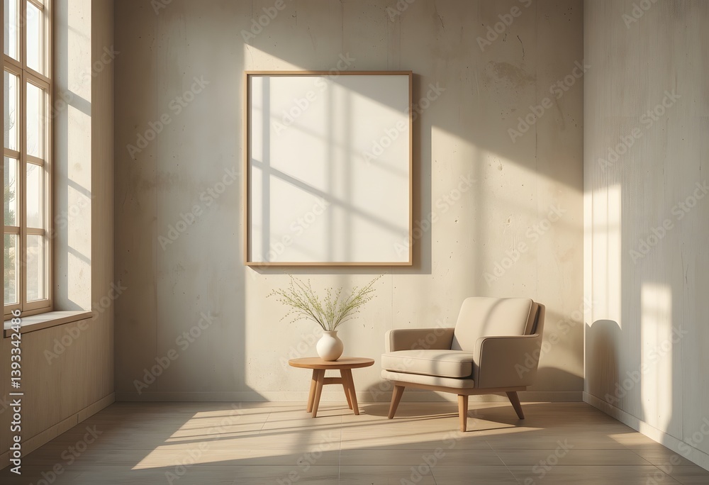 Aufkleber minimalist interior, calm space. sunlight streams in, highlighting the chair and small plant. an emp