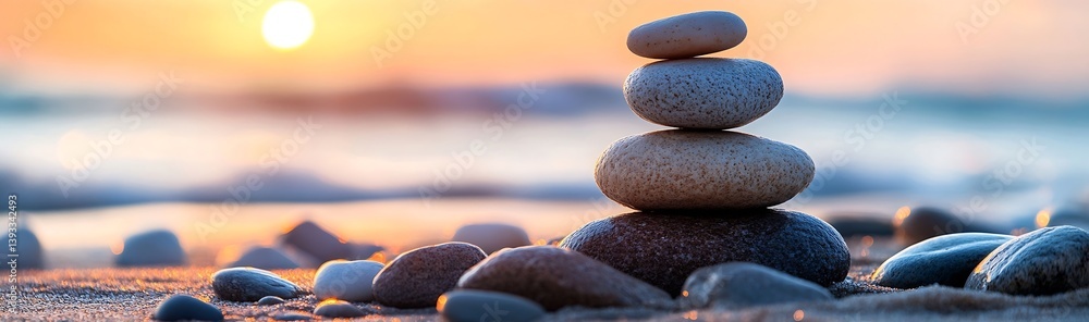 Poster sunset beach serenity stacked rocks at water's edge with warm glowing light and soft waves : generat