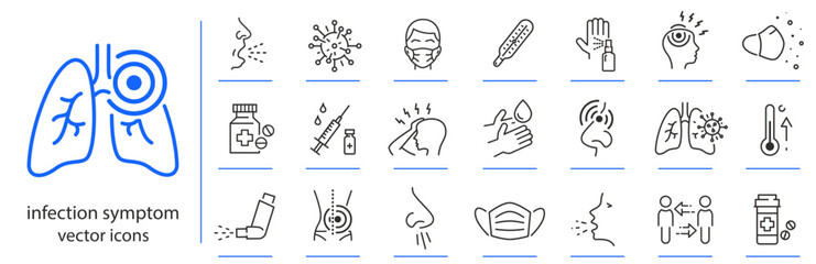 infection symptom icons, disease flu icon set, linear vector illustration, outline editable stroke