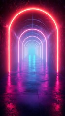 Long neon lit tunnel stretching into the distance with bright lights