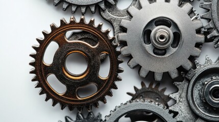 Macro Photograph of Interlocking Metal Gears and Cogs in a Complex Mechanical Arrangement