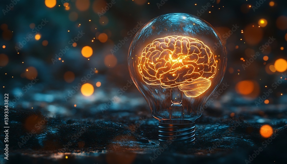 Poster Glowing Brain Inside Light Bulb Concept Art for Intelligence Innovation and Creative Thinking : Generative AI