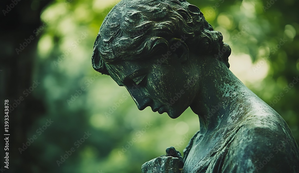Poster elegant bronze statue of a woman in a serene pose surrounded by lush greenery : generative ai