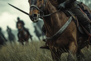 A cavalry soldier rides fiercely on horseback, sword held high, galloping through a lush grassy field with cavalry units visible in the background, embodying a moment of action