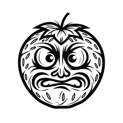Strawberry Black and White Tattoo Style Angry Expression Isolated Fruit Design