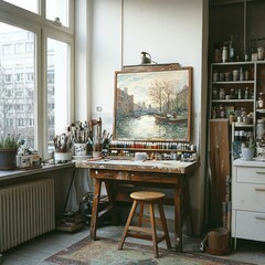 Cozy artist's studio with canal painting