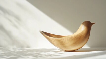 Minimalist Wooden Bird Sculpture on a White Surface Bathed in Warm Light with Leaf Shadows