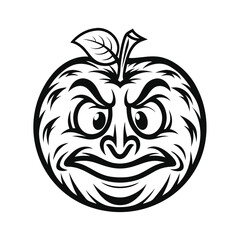 Monochrome Apple Mascot Angry Facial Expression, Leaf Detail, Bold Outline, Isolated