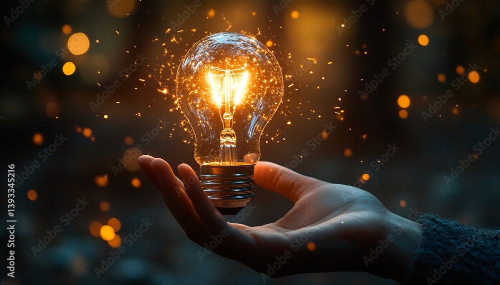 Poster Glowing Light Bulb Held in Hand Sparkles with Ideas and Innovation for Business and Technology Concepts : Generative AI