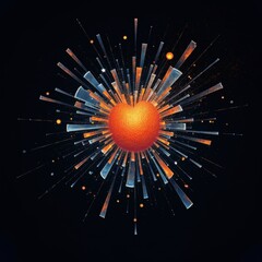A vibrant abstract design featuring a glowing orb surrounded by dynamic rays and geometric shapes, ideal for technology, art, or creative projects.
