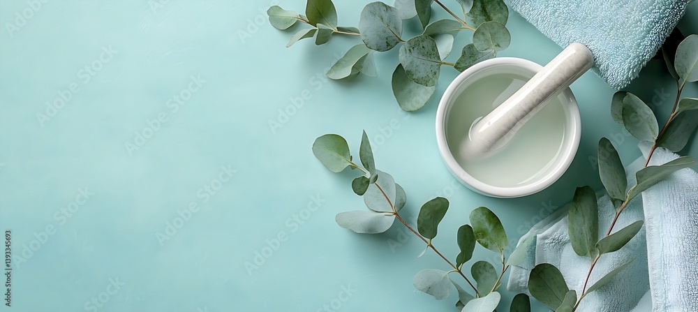 Poster tranquil spa scene featuring eucalyptus leaves and mortar with pesto in a soft teal setting : genera
