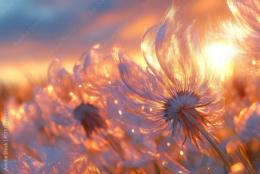 Aufkleber Dreamy Dandelions at Sunset Backlit Glowing Field with Soft Focus Bokeh Effect and Golden Hour Light Magic : Generative AI
