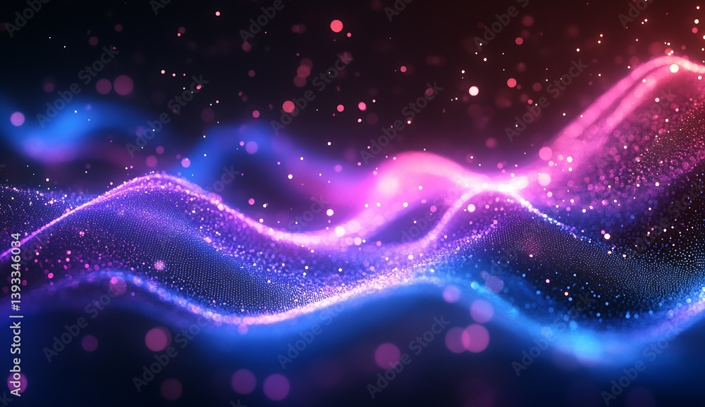 Poster enchanting and vibrant flowing waves illuminated by points of light that create a captivating backdr