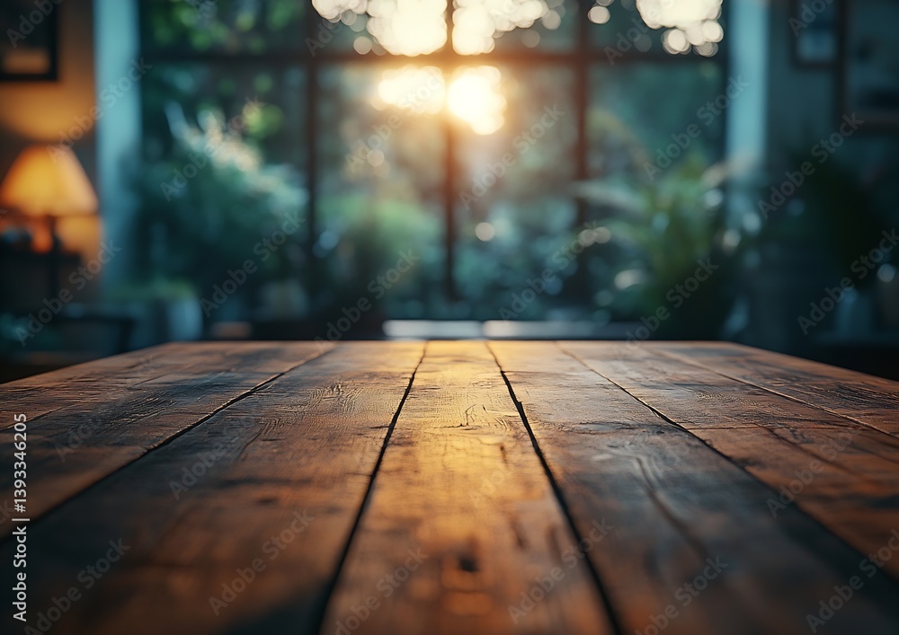 Poster Rustic Wooden Tabletop with Bokeh Background Warm Sunset Light Creates Inviting Cozy Atmosphere for Product Mockup : Generative AI