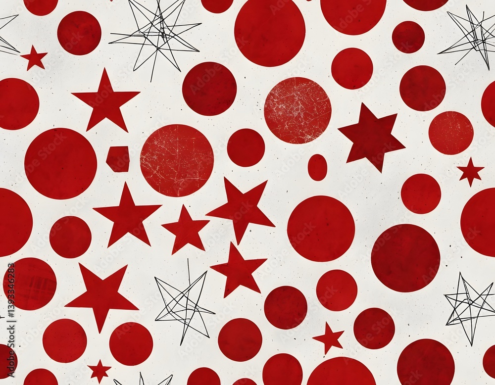 Fototapete red geometric shapes on white, distressed shapes, rustic. grid of shapes in red texture. basic forms